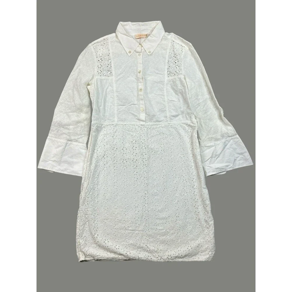 Tory Burch Shirt Dress Womens 12 White Cotton Eyelet Lace Bell Sleeve Vacation